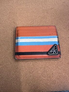 Prada Orange Striped Leather Card Holder with Blue, White & Black Accents